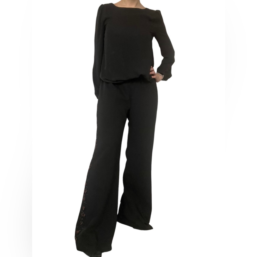 Oscar de la Renta Black Wide Leg Wool Trousers Beaded Side Panels Women Size 12